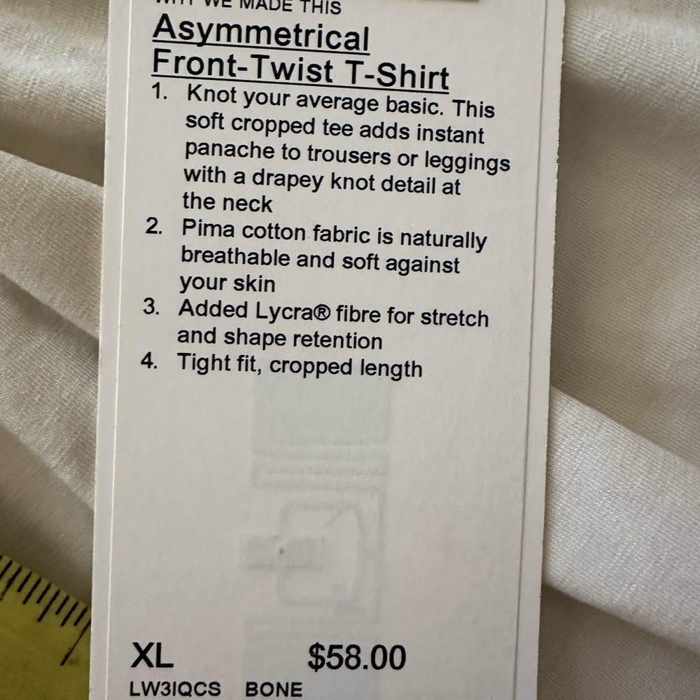 Lululemon Asymetrical front twist cream t-shirt Top cropped length XL NWT - Picture 6 of 7